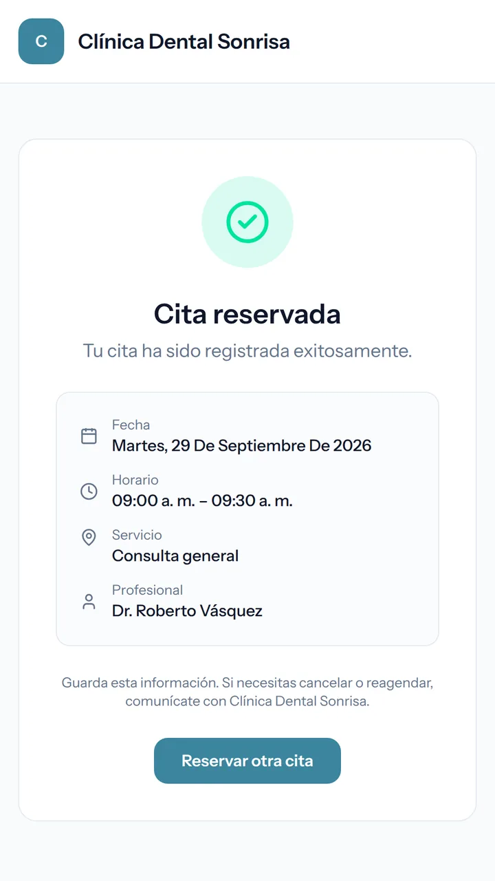 Confirmación de una cita reservada en línea desde el móvil
